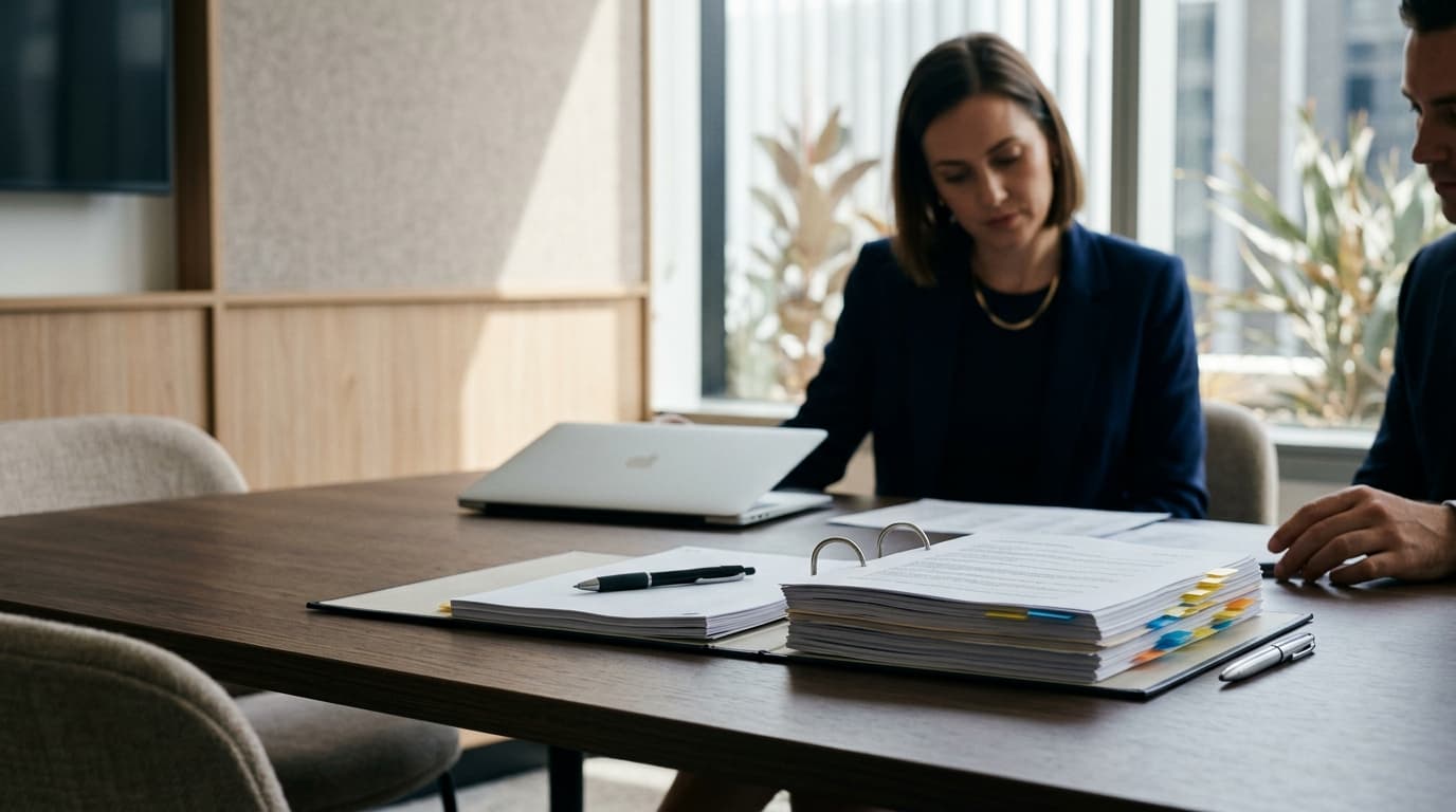 Two neatly prepared audit folders of different thickness side by side on a meeting table