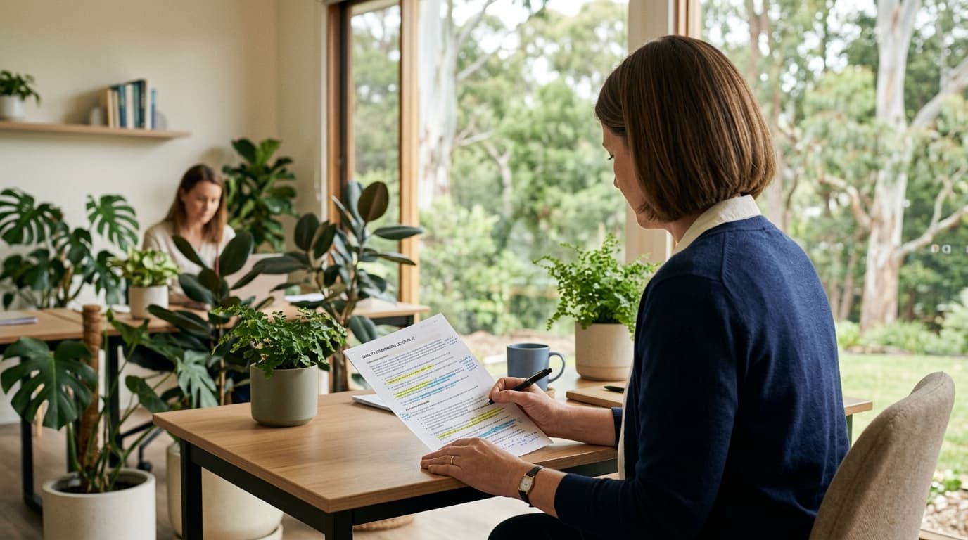 An aged care manager reviewing a printed standards framework in a bright office