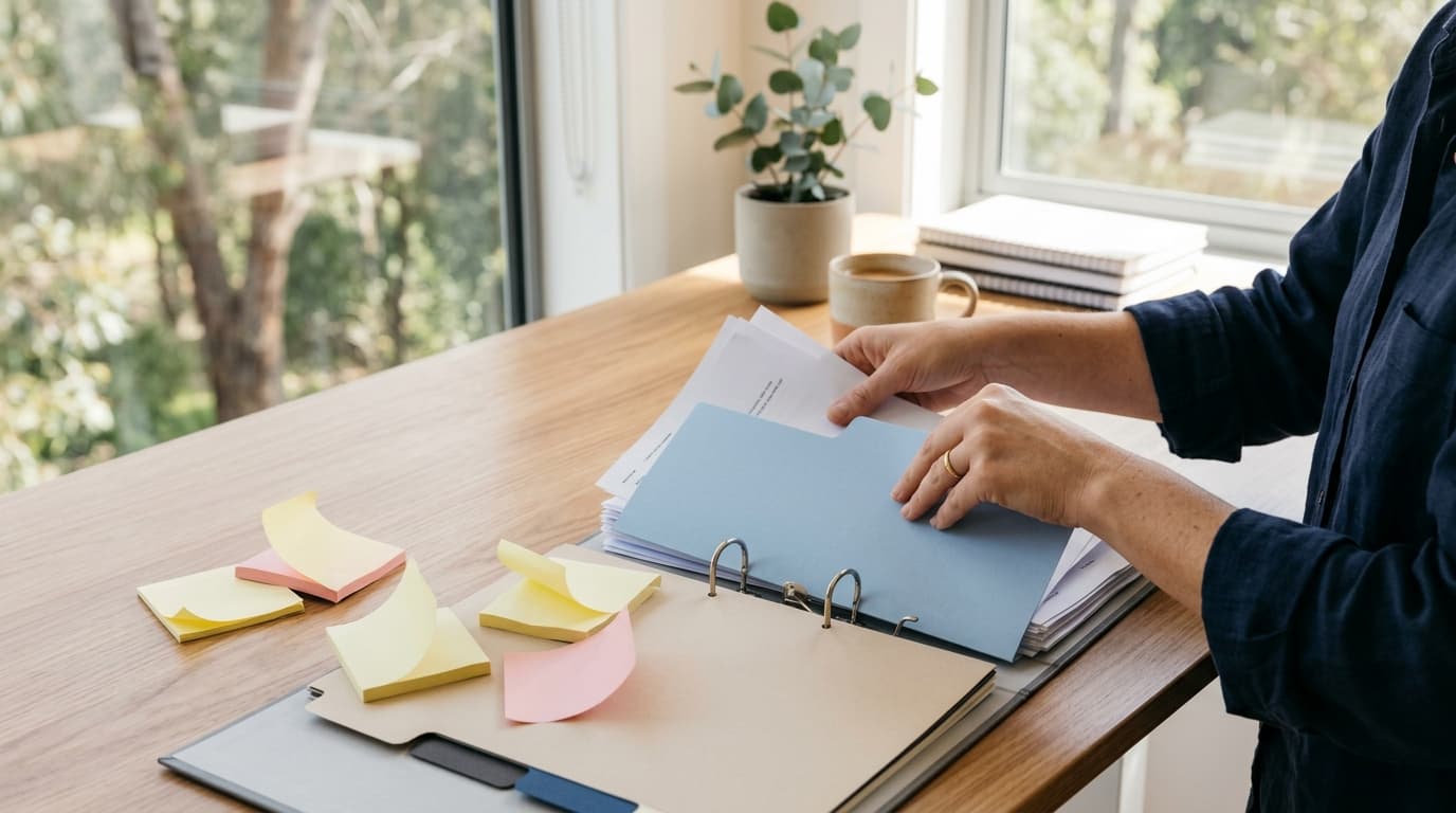 Hands filing loose papers into a colour-coded folder system on a desk